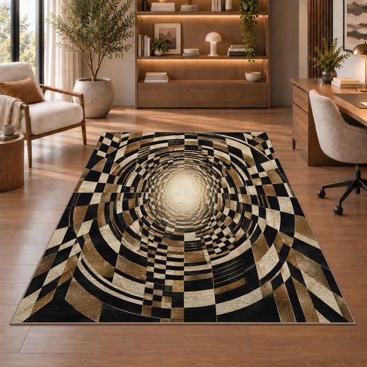 Checkerboard Tunnel Area Rug, Black Beige Optical Illusion Rug, Retro Geometric Room Decor - Image 1