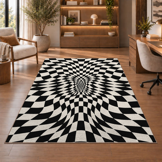 Warped Checkerboard Area Rug, Black Cream Optical Illusion Rug, Bold Geometric Room Decor - Image 1