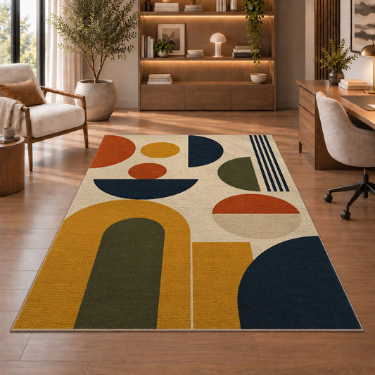 Mid Century Geometric Area Rug, Mustard Rust Arch Shapes Rug, Retro Modern Room Decor - Image 1