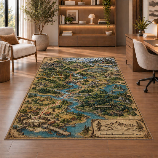 Fantasy trade route map rug with winding rivers, bridges, and woodland towns in a sitting room