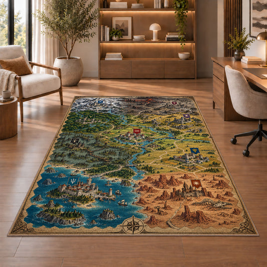 Fantasy campaign map rug with colorful kingdoms, flags, castles, and coastal terrain in a sitting room