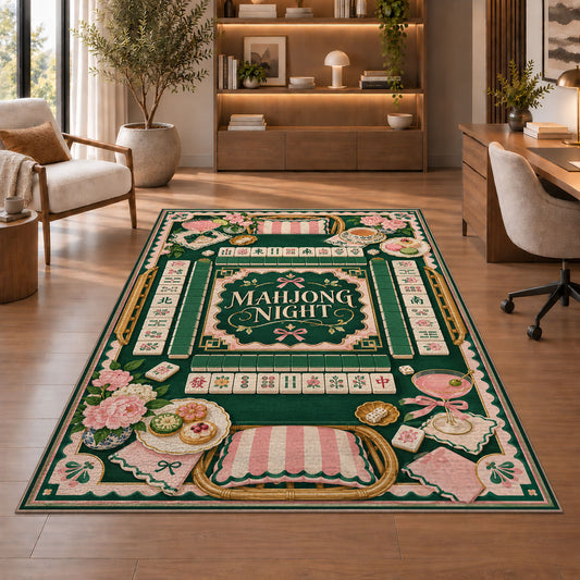 Green mahjong night rug with pink floral and tile borders in a sitting room