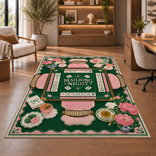 Green Mahjong Table Rug with Pink Floral Tea Details in a sitting room