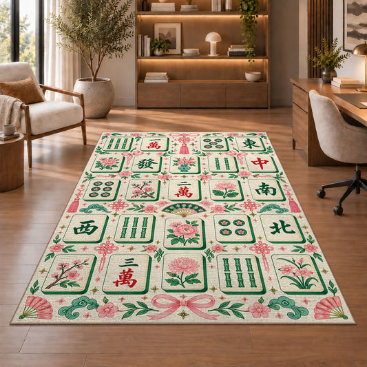 Cream Mahjong Tile Rug with Pink Floral Border in a sitting room