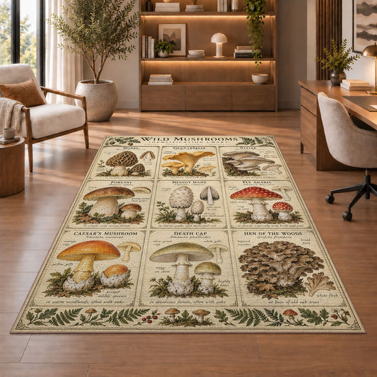 Vintage wild mushroom identification chart rug in a sitting room with an armchair