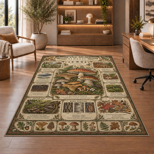 Vintage woodland mushroom almanac rug in a sitting room with an armchair