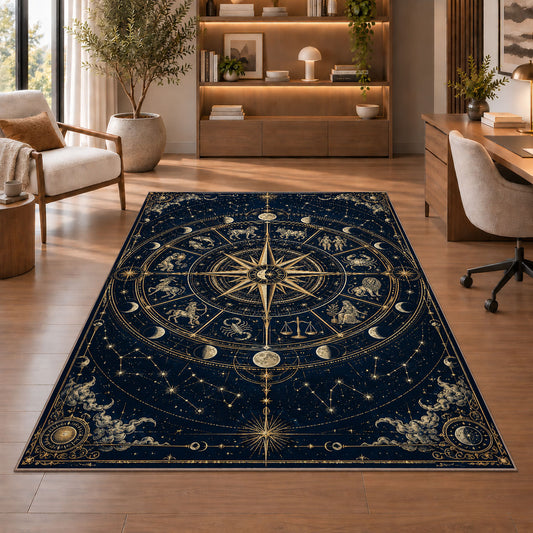 Zodiac compass star with constellations rug in a sitting room with an armchair