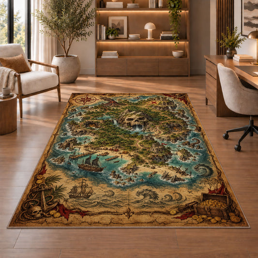 Vintage skull mountain pirate map rug in a sitting room with an armchair