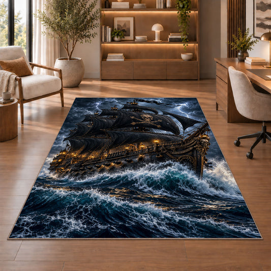 Black pirate ship in a stormy sea rug in a sitting room with an armchair