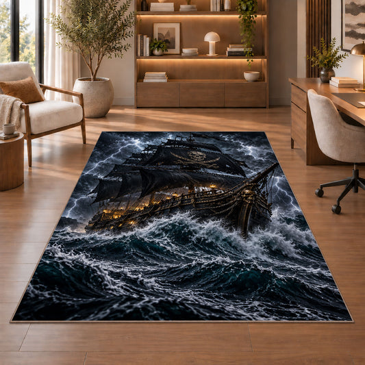 Lantern-lit pirate galleon in a lightning storm rug in a sitting room with an armchair