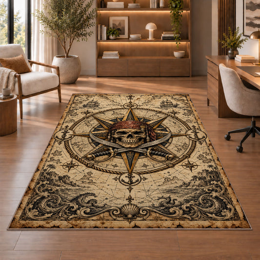 Pirate skull compass rose with crossed swords rug in a sitting room with an armchair