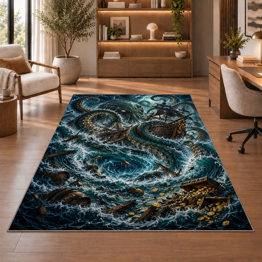 Kraken attacking a ship in a stormy sea rug in a sitting room with an armchair