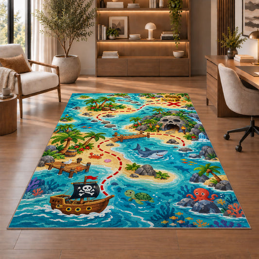 Cartoon treasure hunt map with sea animals rug in a sitting room with an armchair