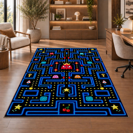 Classic neon blue arcade maze rug in a sitting room with an armchair