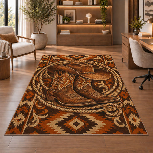 Cowboy hat and boots rug in a home office with wooden shelves