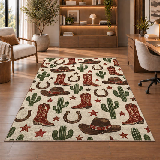 Western icons pattern rug in a home office with wooden shelves