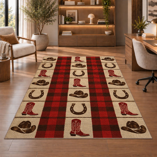 Cowboy plaid check rug in a home office with wooden shelves