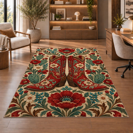 Embroidered red boots rug in a home office with wooden shelves