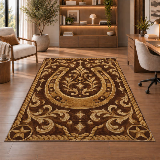 Tooled leather horseshoe rug in a home office with wooden shelves