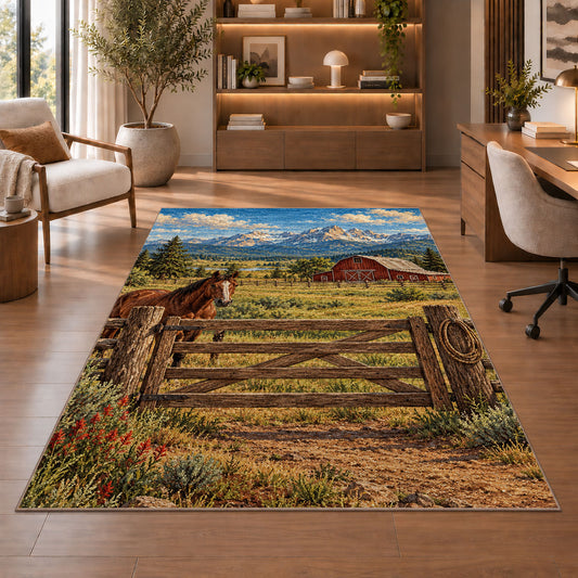 Ranch gate and barn rug in a home office with wooden shelves