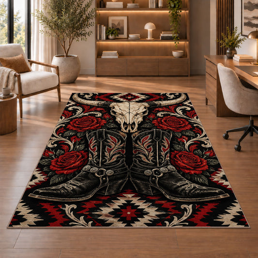 Western gothic boots rug in a home office with wooden shelves