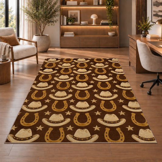 Hats and horseshoes rug in a home office with wooden shelves
