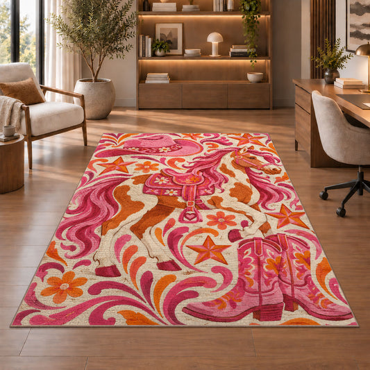 Pink cowgirl rug in a home office with wooden shelves