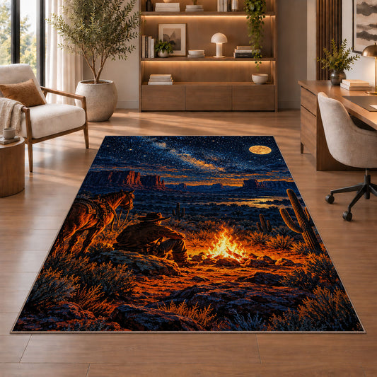 Cowboy campfire rug in a home office with wooden shelves
