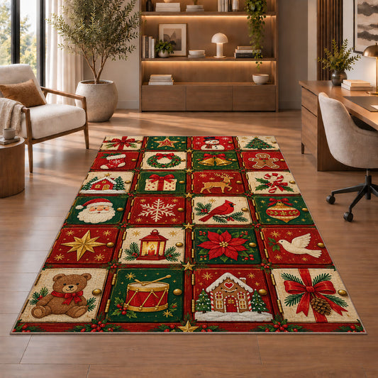 Advent Calendar Doors rug in a home office with wooden shelves