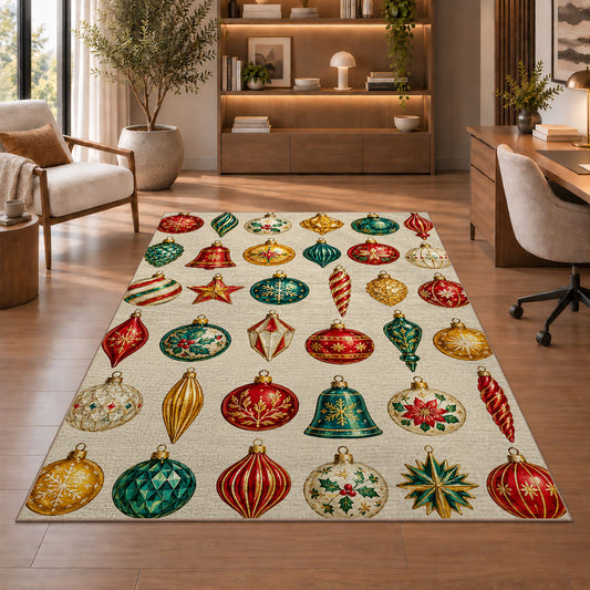 Vintage Glass Ornaments rug in a home office with wooden shelves