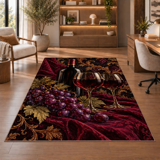 red wine and grapes rug in a home office with wooden shelves