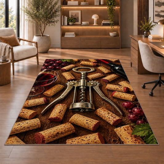 corkscrew and wine corks rug in a home office with wooden shelves