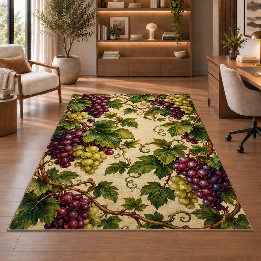 grapevine cluster rug in a home office with wooden shelves