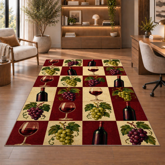 checkered wine rug in a home office with wooden shelves