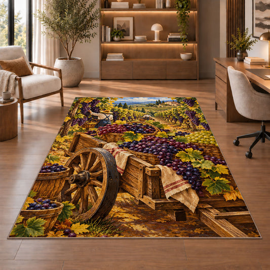 grape harvest rug in a home office with wooden shelves