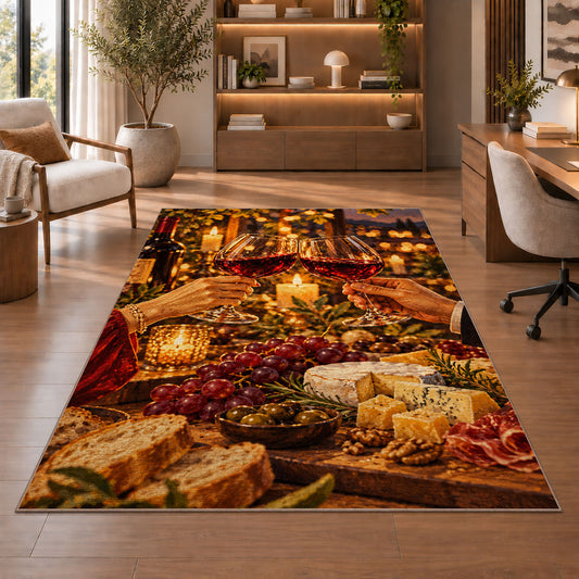 wine toast candlelight rug in a home office with wooden shelves