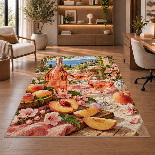 rose wine summer rug in a home office with wooden shelves