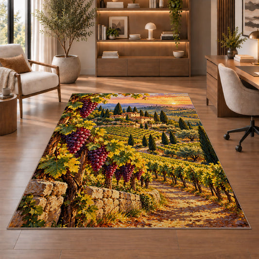 tuscany vineyard rug in a home office with wooden shelves