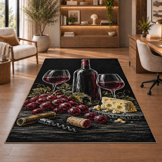 dark slate wine still life rug in a home office with wooden shelves