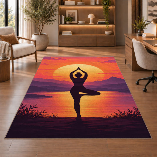 tree pose yoga sunset rug in a home office with wooden shelves