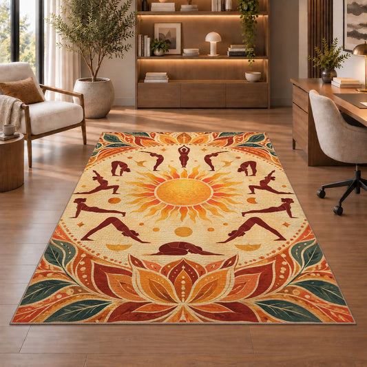 sun salutation yoga rug in a home office with wooden shelves