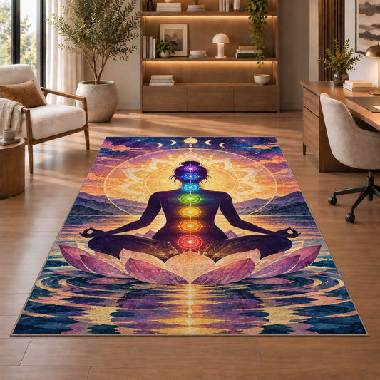 chakra meditation rug in a home office with wooden shelves