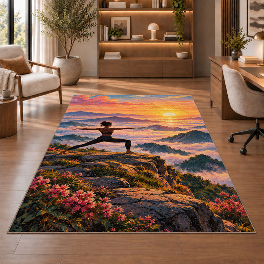 warrior pose mountain rug in a home office with wooden shelves
