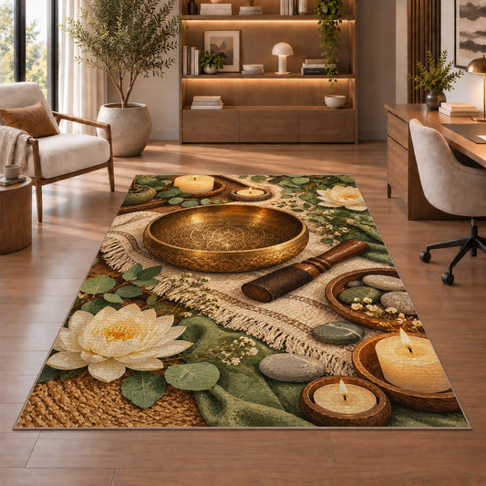 singing bowl meditation rug in a home office with wooden shelves
