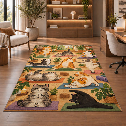 cats doing yoga rug in a home office with wooden shelves