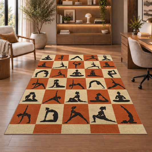 yoga poses checkered rug in a home office with wooden shelves
