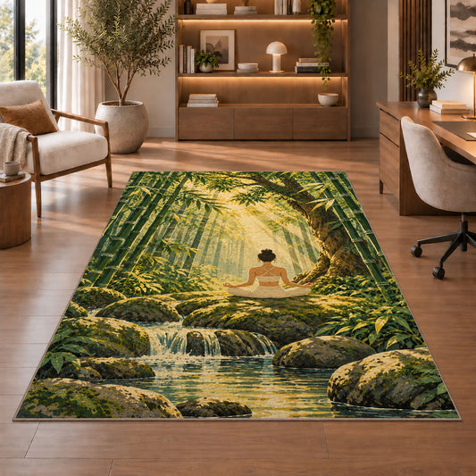 bamboo forest meditation rug in a home office with wooden shelves