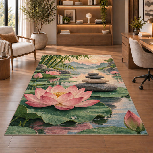 zen stones and lotus rug in a home office with wooden shelves