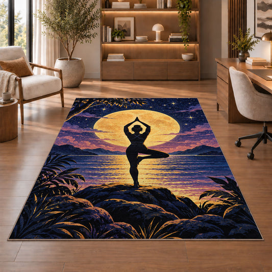 moonlight tree pose rug in a home office with wooden shelves