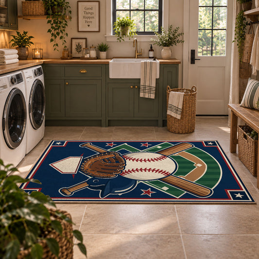 patriotic baseball gear area rug displayed in a laundry room